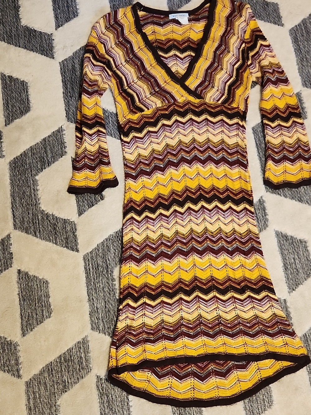 Striped Chevron Knit Long Sleeve Dress in Yellow, Brown and Cream
